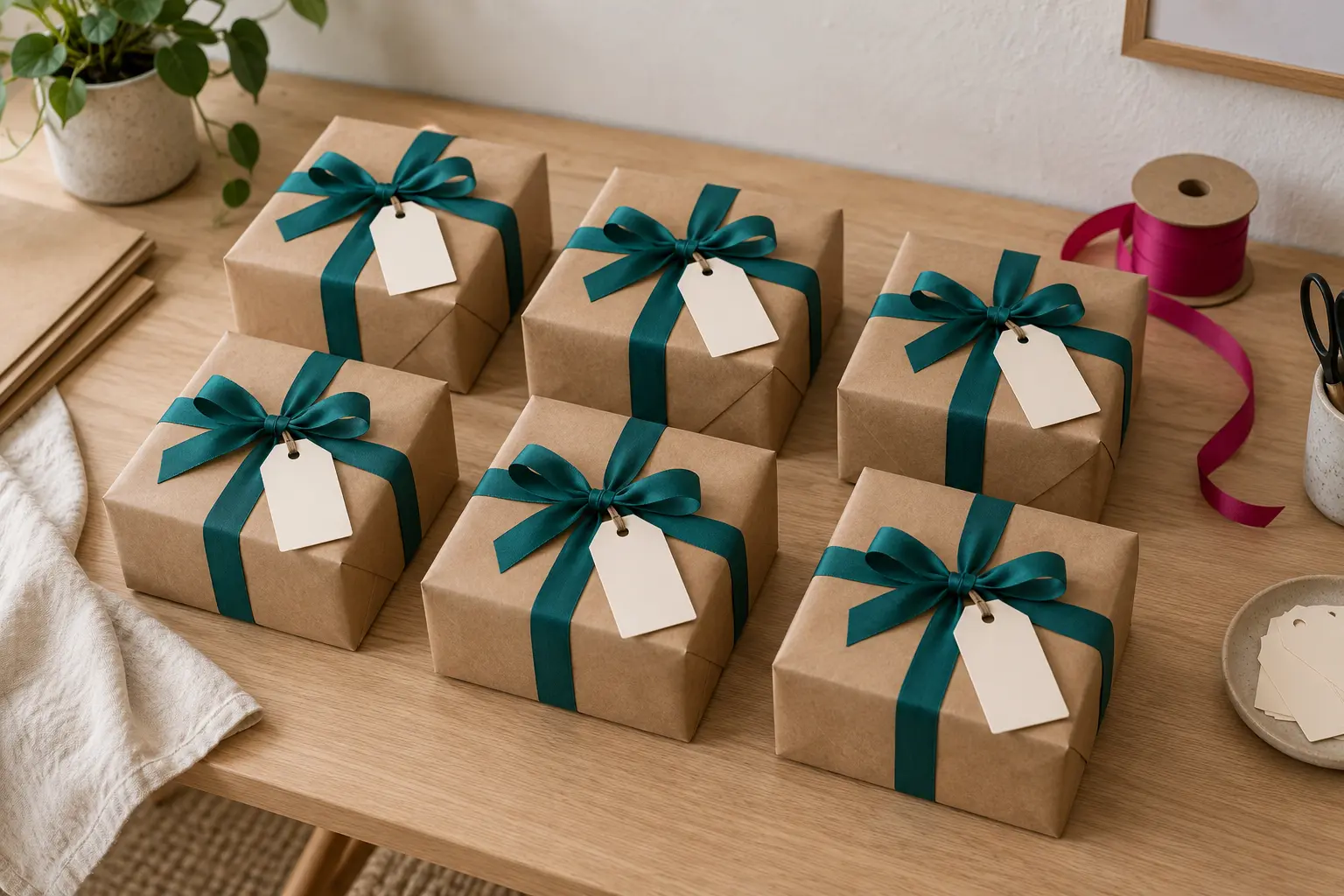 Cadeaupakketten met groen lint, klaar voor een zakelijk evenement